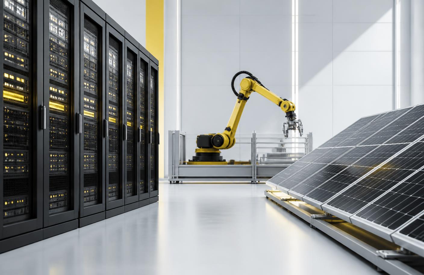 Server racks, a robotic arm and solar panels representing financeable business assets